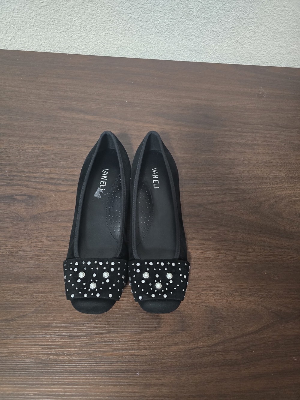 Vaneli Black Studded Pearl-Accent Ballet Flats
